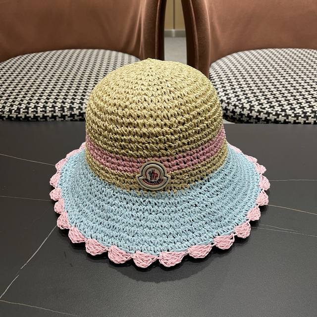 p80 Moncler 蒙口 夏季韩版沙滩出游撞色条纹遮阳渔夫 帽女大檐圆顶显脸小防晒草帽潮