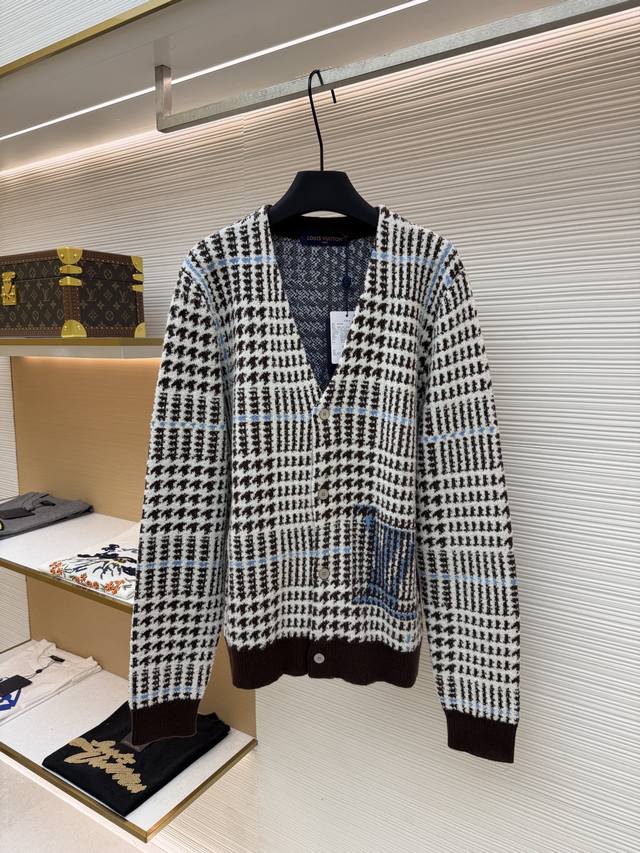340 Louis Vuitton Letter Intarsia Houndstooth Jacquard Cardigan Original: Purcha