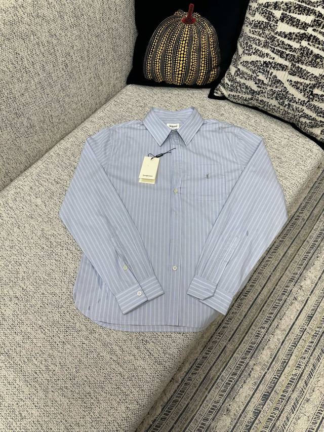 p250 Saint Laurent 26 New Le Cassandre Striped Pointed Collar Button-Up Chest Po