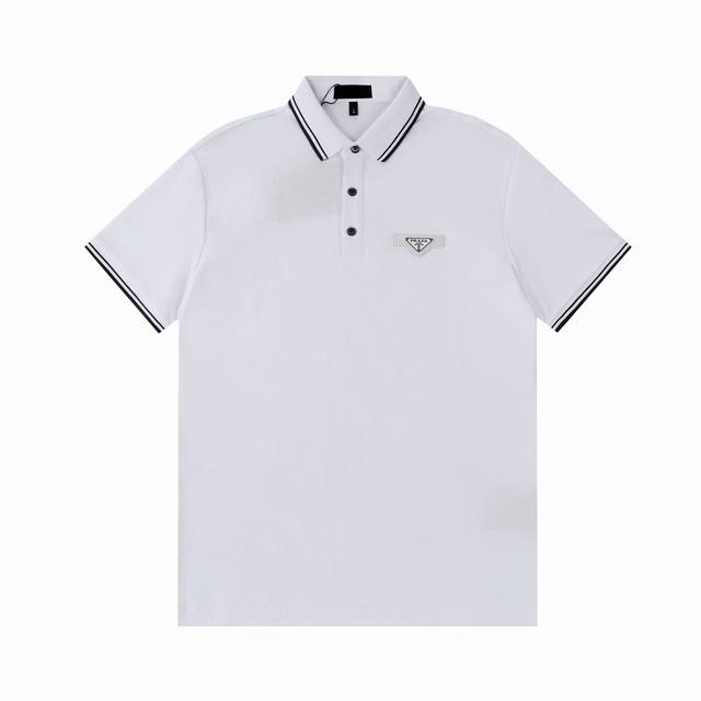 110 Prada Polo Shirt with contrasting collar, embroidered lettering, and triangl