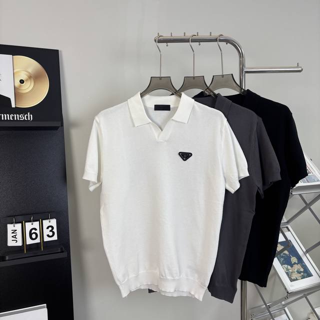 100 Prada collared knit polo short-sleeved top Breathable ice silk short-sleeved