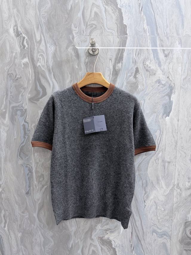 250prad 26 New Round Neck Color Block Knitted Short-Sleeve Cashmere Sweater, Uni