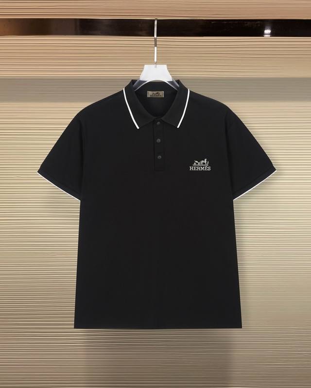 110 Hermes* Classic Style Short-Sleeve Polo Shirt with Exquisite Embroidered Log