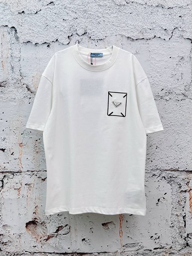 p100 Prada 2026Ss Crew Neck T-Shirt with Embroidered Triangle Logo on Chest (Sho