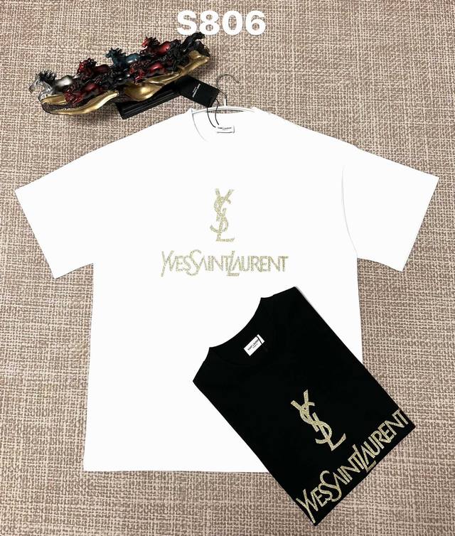 p100 Ysl Saint Laurent 100 Cotton 260g Crew Neck Short Sleeve T-Shirt Gold Rhine