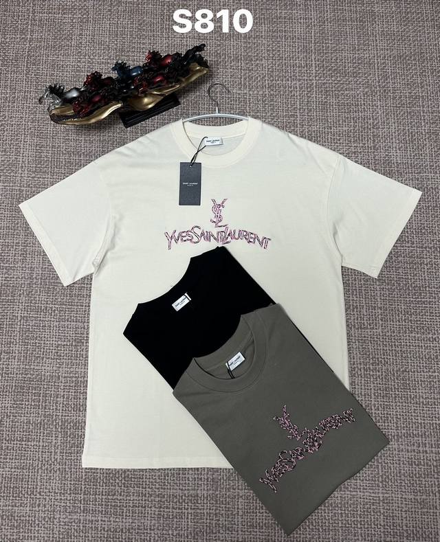 p100 Ysl Saint Laurent 100% Cotton 260g Crew Neck Short Sleeve T-Shirt Color Blo