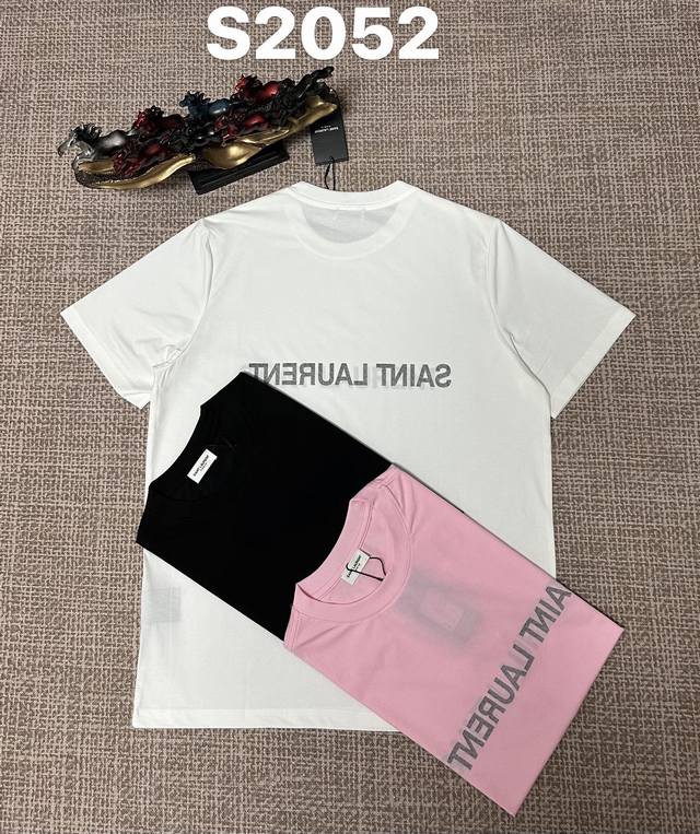 p100 Saint Laurent 210g Cotton Crew Neck T-Shirt. Features mirrored logo printin