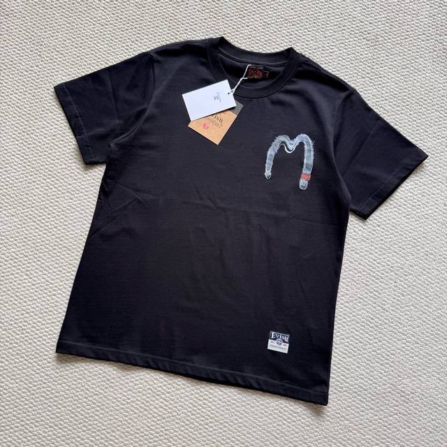 100 Evisu Distressed Denim Short-Sleeve T-Shirt with Large "M" Print, Heavyweigh