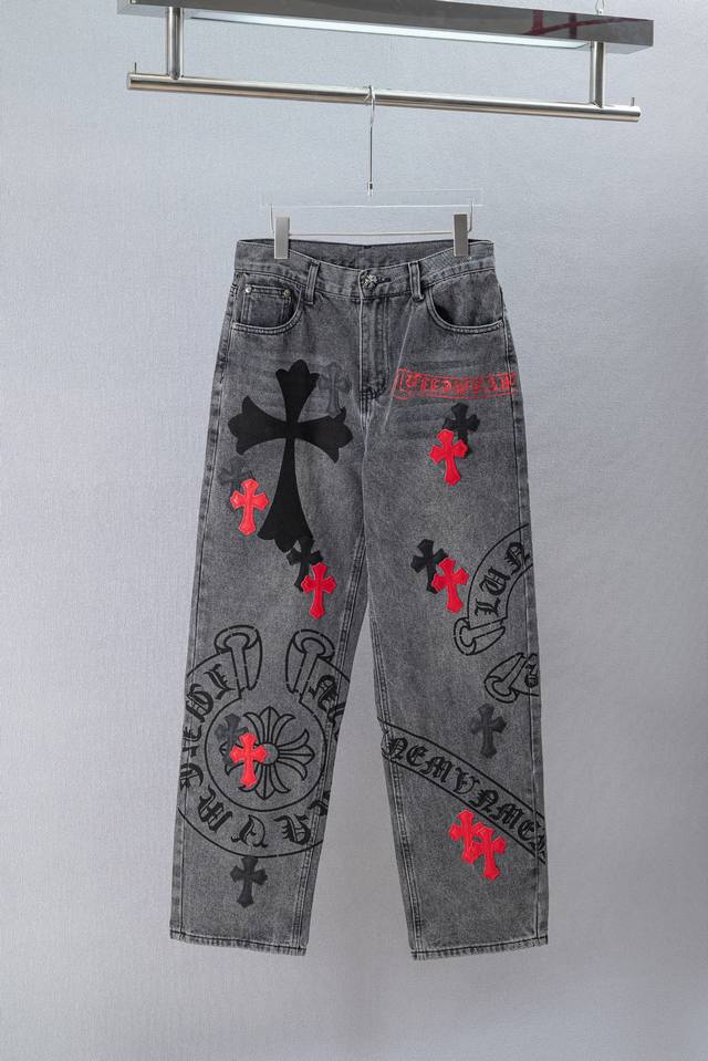 360 高版本Chrome Hearts 克罗心 梵文马蹄十字牛王牛仔裤，男女同款。真实还原Vintage极致质感 装饰性的十字架为皮革贴布工艺，搭配手绘哥特