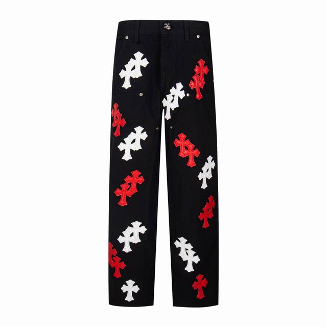 350 High-Version Chrome Hearts Red and White Full Leather Label Logging Jeans, u