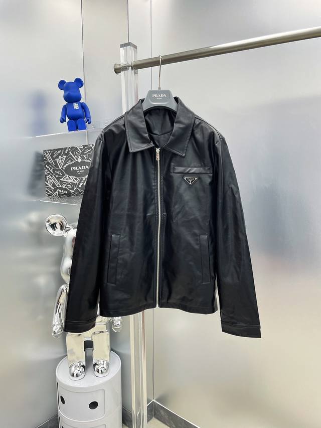 p460 pra* Prada 2026 Fall Logo Triangle Leather Jacket K New Casual Fashion Jack
