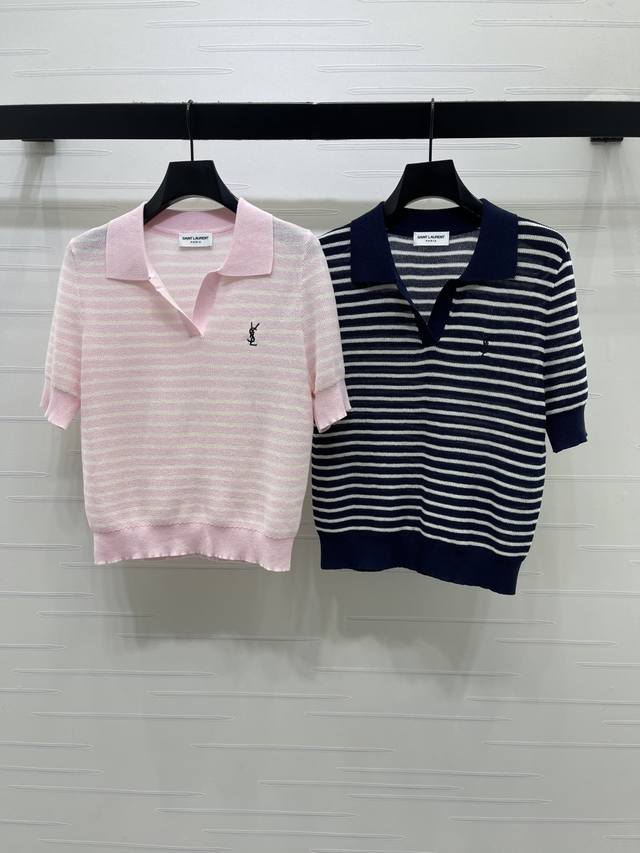 270 上新原单高端品质 Ysl* 2026早秋最新系列！翻领条纹针织短袖！定制棉毛纱线织造，柔软舒适，质感上乘，V字敞开构造更显慵懒 针织短袖开衫版型，通体条