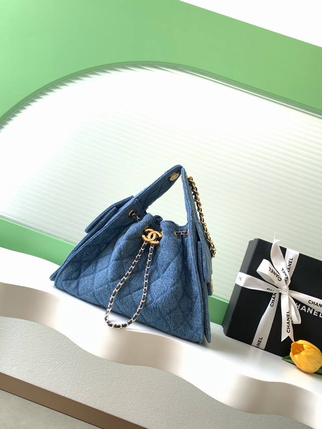 p1370 26A Bag, New Blue Denim, Chanel Hobo Shoulder Bag, Small Size, Vintage Gol