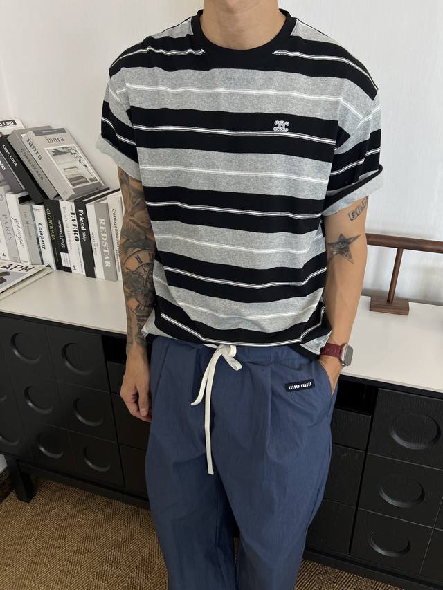 p250. Celine 2026 Early Autumn New Striped Short-Sleeve T-Shirt | French Relaxed