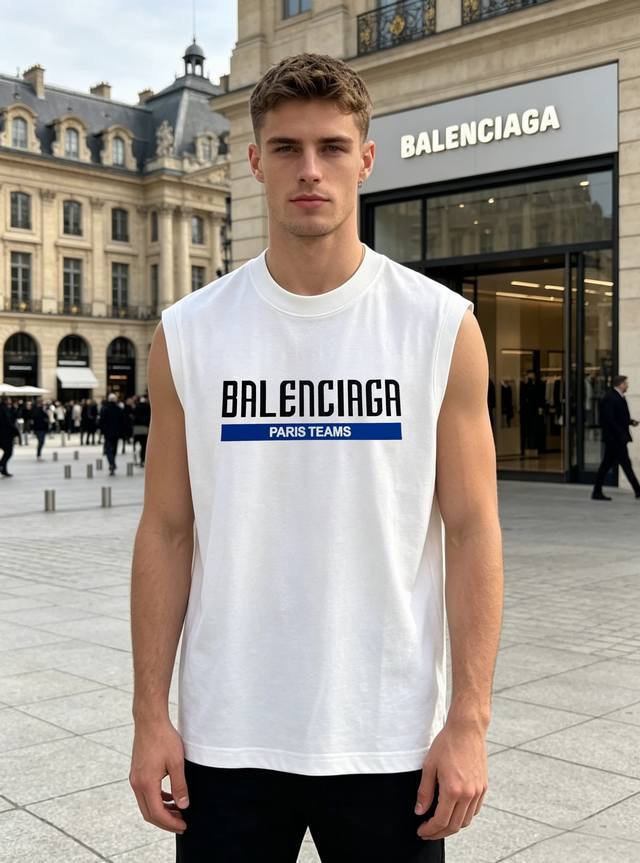 210 Balenciaga Paris Teams sleeveless vest, available in black and white. Made o