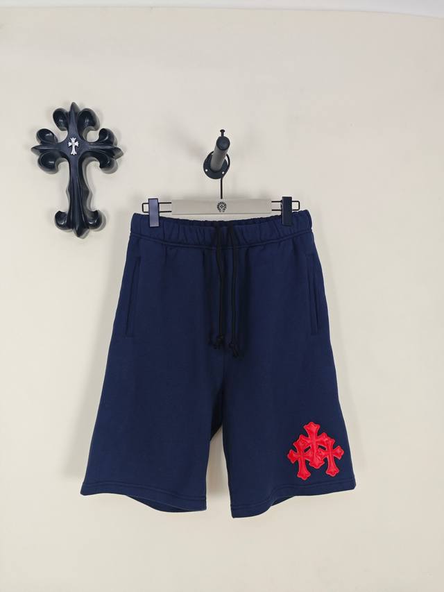 p200 ［顶级版本］ Chrome Hearts 藏蓝三花红拼羊皮镀银短裤 全系列购入正品定织定染420G纯棉抓绒料 进口整张水染小羊皮开刀模冲压十字架