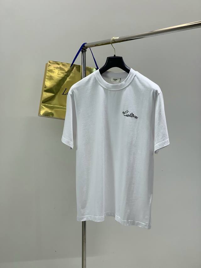 p160, Celine new black short-sleeved T-shirt, made of cotton, with embroidery on