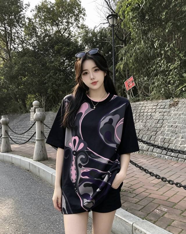 款号D26063087 pucc*新款 水墨晕染复古时尚印花仿真丝拼接棉质面料、螺纹边圆领宽松百搭短袖T恤上衣！ M码：肩宽40，胸围96，袖长26，衣长65