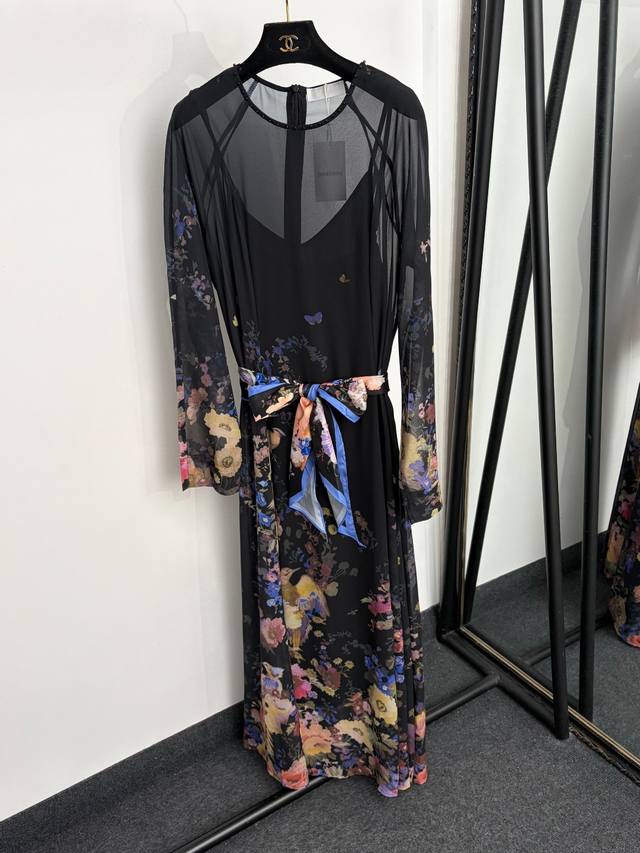 p330款号20265181 Zimmermann*新款 彩色花卉印花 优雅气质系带收腰长袖连衣裙 长裙，配吊带里衬，黑色，S-Xl， Xl码：胸围94，长10