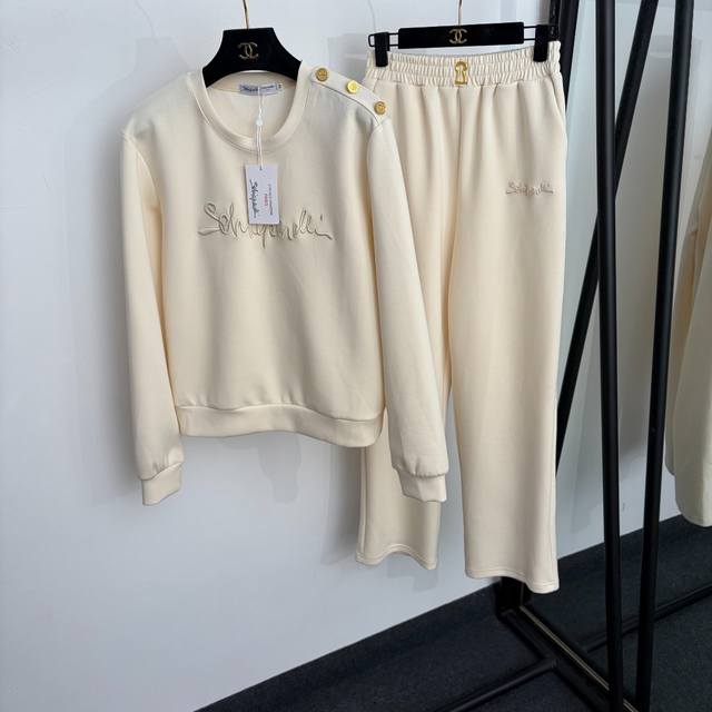 p210款号20265179 Schiaparelli*新款套装，渐变金纽扣Logo刺绣字母套头长袖卫衣+松紧腰休闲长裤，米白色，卡其色，黑色，S-Xl， M码