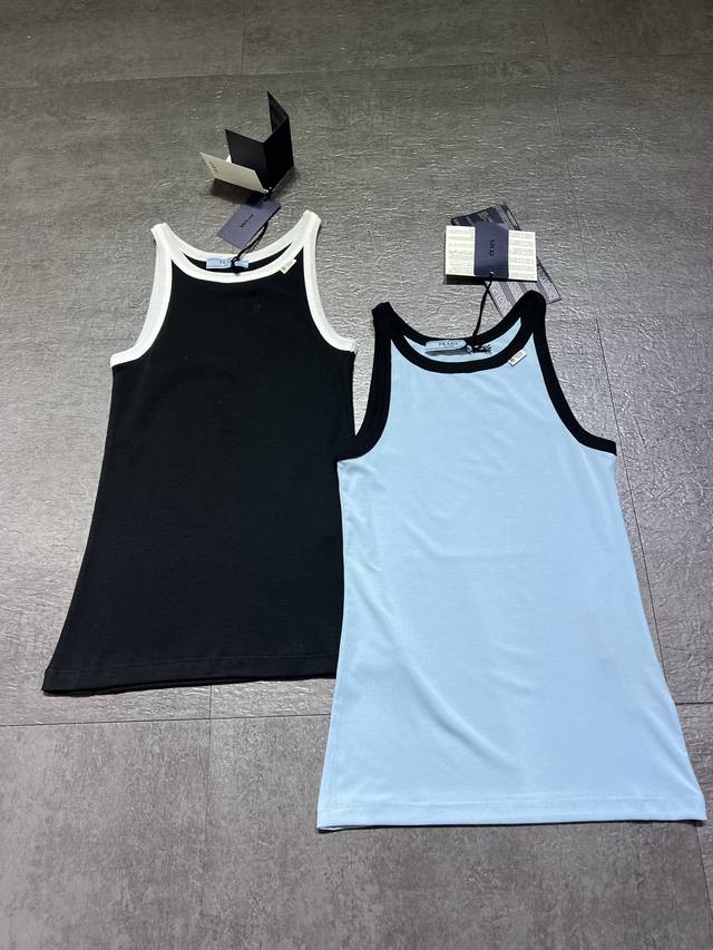 p200prad*普拉达2026秋季新款女士蓝色藏蓝色时尚休闲气质修身拼接背心吊带出货，面料超级无敌舒适，内搭必须品，两色Sml
