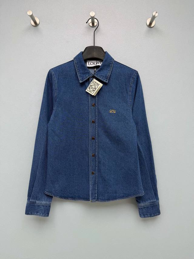 p360 Loewe Embroidered Denim Long-Sleeve Shirt. Made of washed denim fabric with