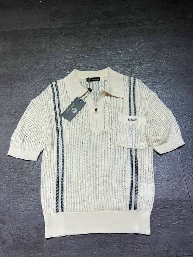 260Versac** Versace polo shirt, cotton knit, Greca pattern, Medusa accessory. Hi