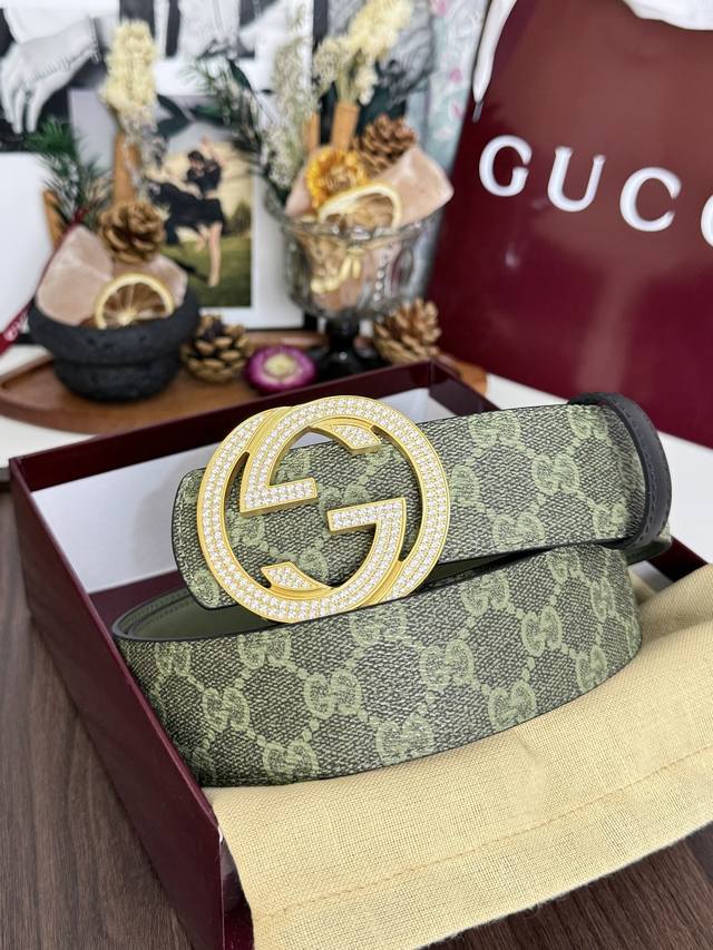 p: 270 Gucci Green Double G Full Diamond Buckle Leather Belt | 40mm Standard Wid