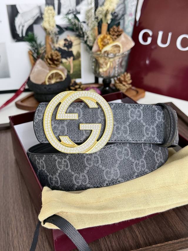 p: 270 Gucci Black/Grey GG Full Diamond Double G Leather Belt