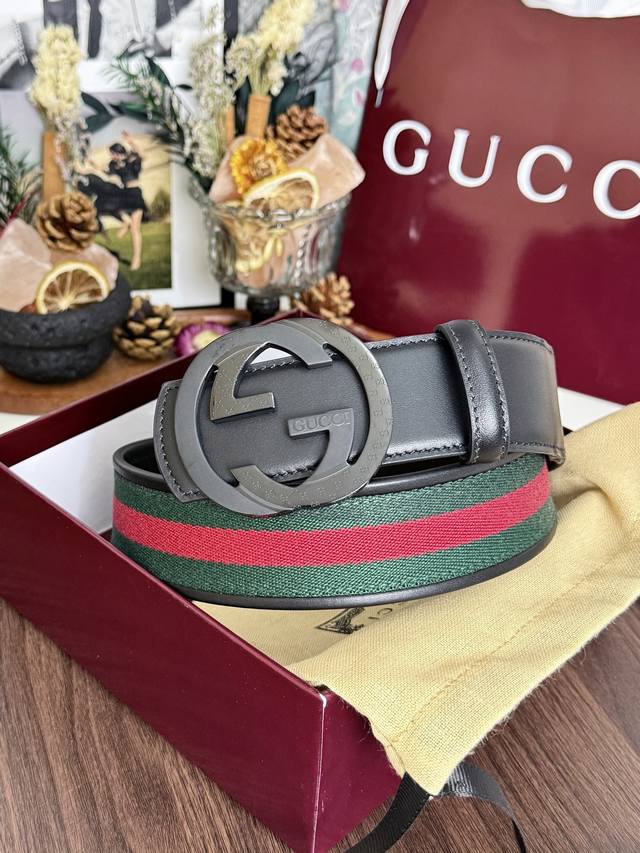 p: 210 Gucci Classic Webbing Double G Buckle Leather Belt | 40mm Standard Width