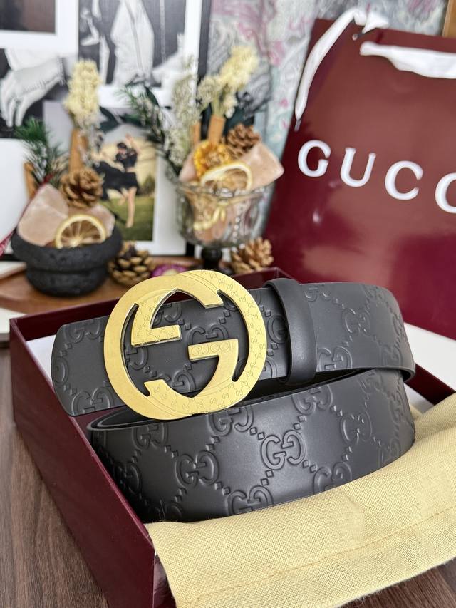 p: 230 Gucci Black Embossed Double G Buckle Leather Belt | 40mm Standard Width O