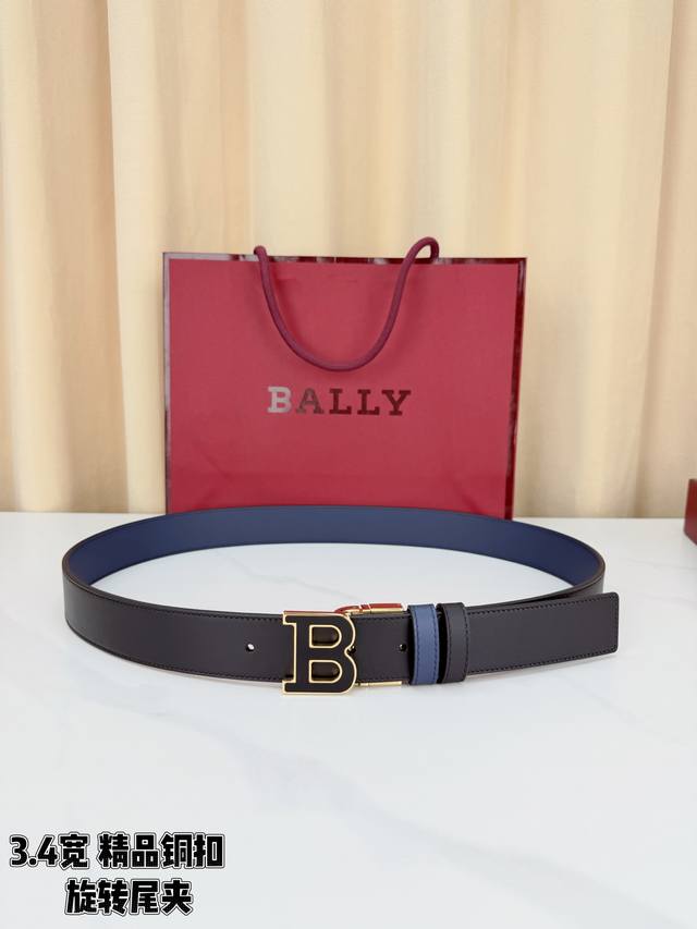 200 Bally 3.4 Wide Reversible Belt in Black and Blue: One side is smooth black l