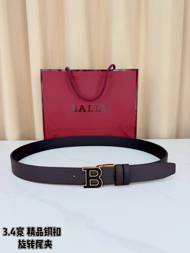 200 Bally 3.4 Wide Dark Brown Lychee Grain Belt, crafted from top-grain cowhide,