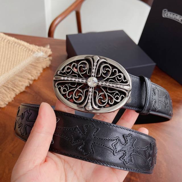 390 Chrome Hearts Full Cross Floral Belt. Features diamond-encrusted Guardian ha