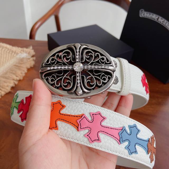 390 Chrome Hearts Full Cross Flower Belt. Features diamond-encrusted Guardian ha