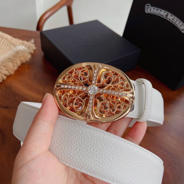 280 Chrome Hearts Belt. Features diamond-encrusted Guardian hardware paired with