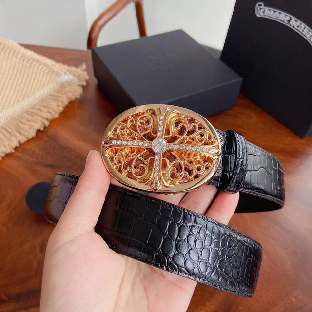 280 Chrome Hearts Belt. Features diamond-encrusted Guardian hardware paired with