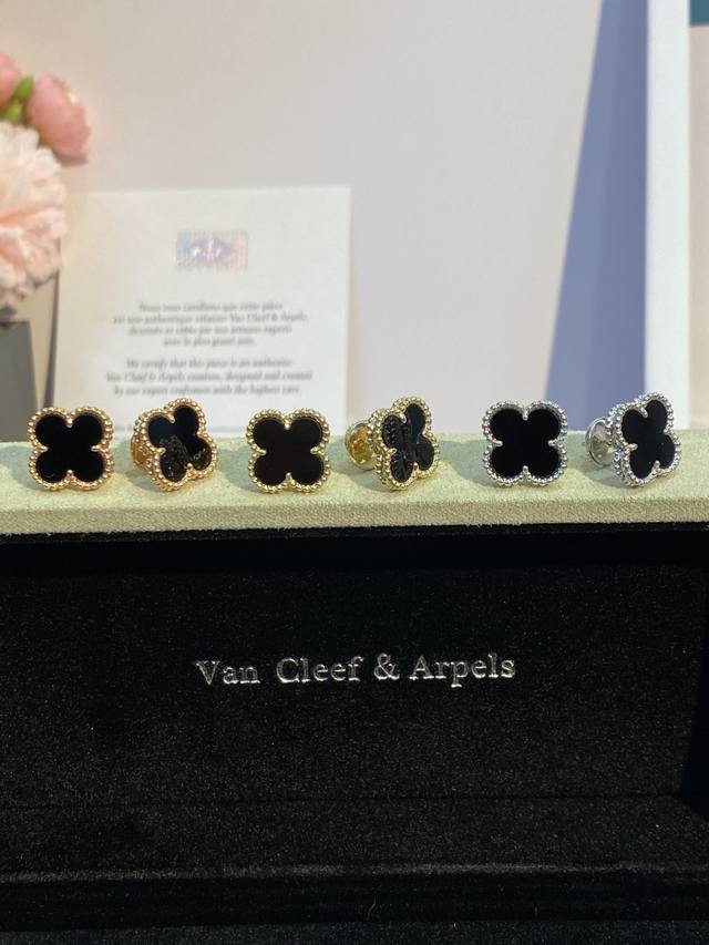 p140 V金材质Vca梵克雅宝四叶草黑玛瑙中号耳钉