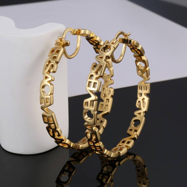 p80 Versace Medusa face relief floral vine pattern large hoop earrings with V lo