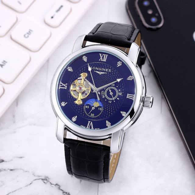 白：p160，间金：p160，全黑：p160，全玫：p160，浪琴一Longines 九飞轮全自动日月星辰机械，6字位白天走时 太阳 晚上走时 月亮 [月亮]蕴