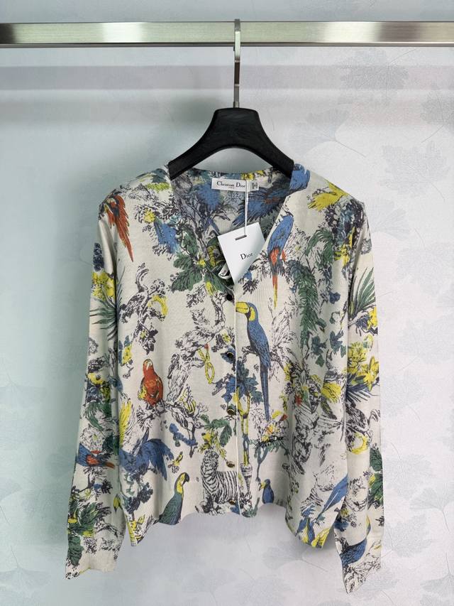 pp200Dio*26 Early Autumn New Tropical Bird and Animal Print V-Neck Knit Cardigan