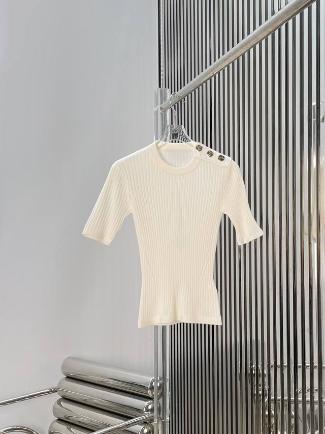 Real photos! Latest Lv 26 New metal shoulder buckle round neck knit short-sleeve