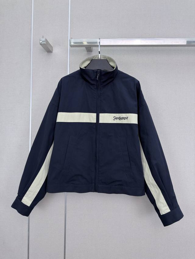 Highly recommends the new YSL color-blocked stand-collar jacket with embroidered