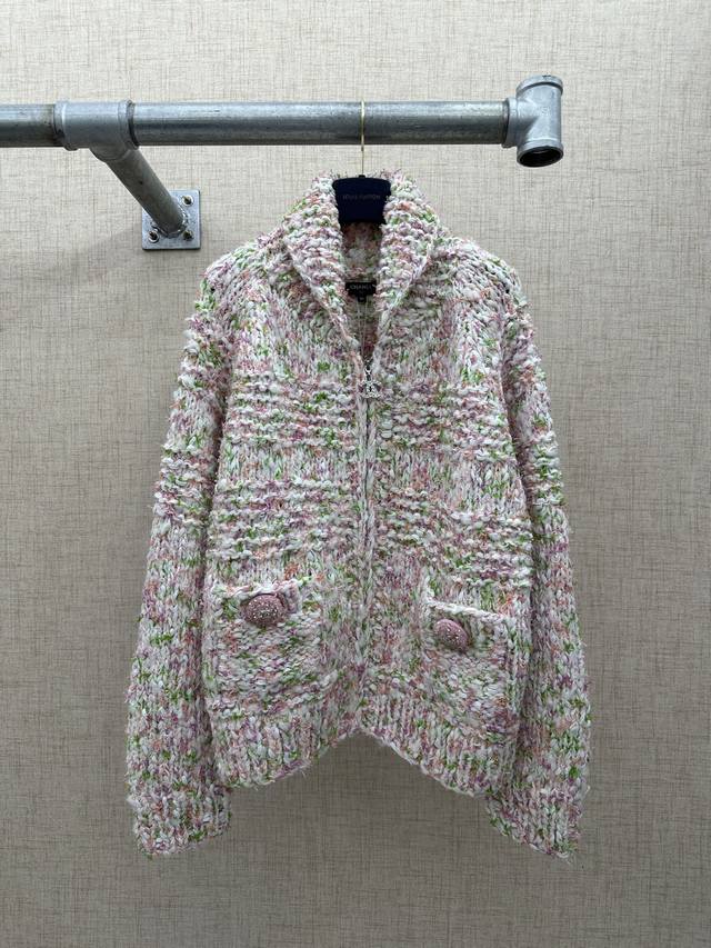 p590 Chanel Pink and Green Multicolored Chunky Knit Collar Cardigan, Goddess Sty