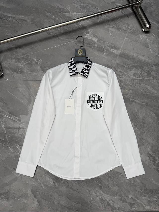 p220 Dio* Dior monogram print shirt with collar, pockets, and lettering. Sizes: