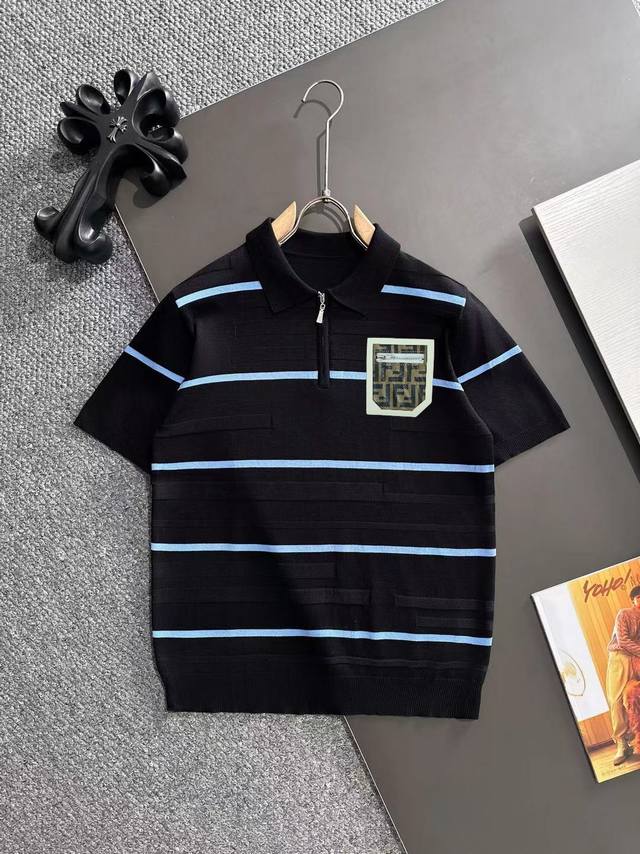 Ships the next day p180 Fendi 2026 Spring/Summer Textured Striped Knit Polo Shir Ships the next day p180 Fendi 2026 Spring/Summer Textured Striped Knit Polo Shir