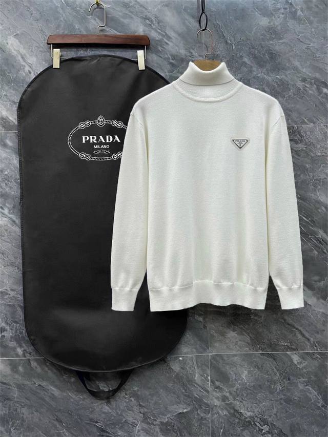 p140 Prada high-neck sweater with all three Prada labels. This premium wool blen p140 Prada high-neck sweater with all three Prada labels. This premium wool blen