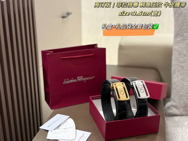 p170 Full packaging. Ferragamo crocodile-embossed cowhide belt. Ferragamo men's
