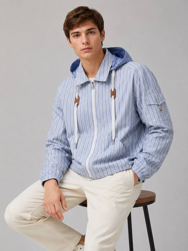 p440. Moncler Striped Shirt Jacket with Hood. Fabric Selection: The entire body p440. Moncler Striped Shirt Jacket with Hood. Fabric Selection: The entire body