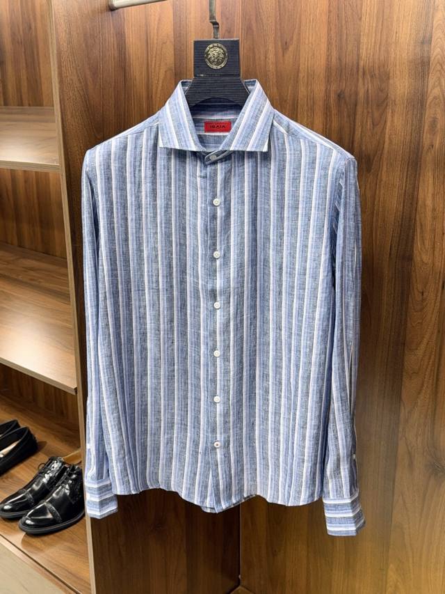 p310 Red Coral is here! The 100% linen yarn-dyed striped long-sleeved shirt with